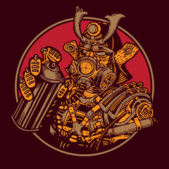 Steampunk Samurai Graffiti Bomber Character Design Mascot Vector Illustration