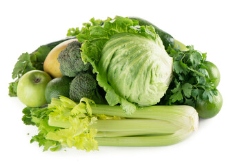 green fruits and vegetables on white background .