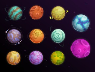 Fantasy planets with rings and satellites in space. Far alien words, galaxy exoplanets or deep space planets with water, ice and desert surface covered craters, moon or asteroid cartoon vector set