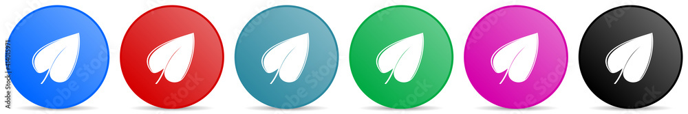 Poster leaf vector icons, set of circle gradient buttons in 6 colors options for webdesign and mobile appli