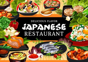 Japanese cuisine restaurant meals banner. Yellowtail and salt-fried fish, daikon, carrot and turnip salad, roast chicken with hot pepper, temari sushi and ginkgo rice, onions and filipino clams vector