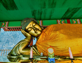 Closeup of upper body of thirteen meter long reclining Buddha at Manbulsa Temple in Yeongcheon,...