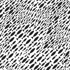 Silhouettes school of fish with marine life of various sizes swimming fish seamless pattern flat style design vector illustration. Colony of big and small sea animals.