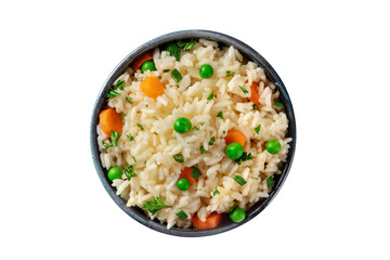 White rice with vegetables, overhead shot, isolated on a white background with a clipping path