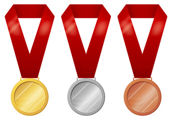 Set of medals in three versions - gold, silver, bronze. Vector illustration.