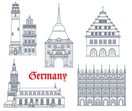 Germany landmarks buildings architecture and cathedrals of German Mecklenburg Pomerania cities. Rostock, Greifswald and Stralsund rathaus buildings, Ruegen lighthouse and gothic Steintor gates