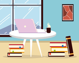 work at home office table with laptop coffee cup books and window room
