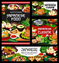 Japanese food restaurant, cafe meals posters. Mashed yams, temari sushi and burdock root, ginkgo rice, fried tofu and turnip salad, roast chicken with hot peppers, nikomi udon and kakigori vector