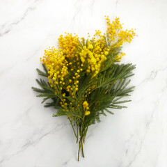 a bouquet of yellow mimosa flowers on a marble background. Concept of women's or mothers day.