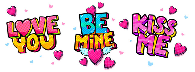 Happy Valentine's day lettering in pop art style. Concept of love.