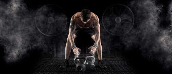 Sporty man workout with kettlebell. Sports banner