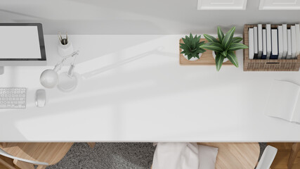 3D rendering, top view of workspace with copy space, lamp, decorations, books shelf, 3D illustration © bongkarn