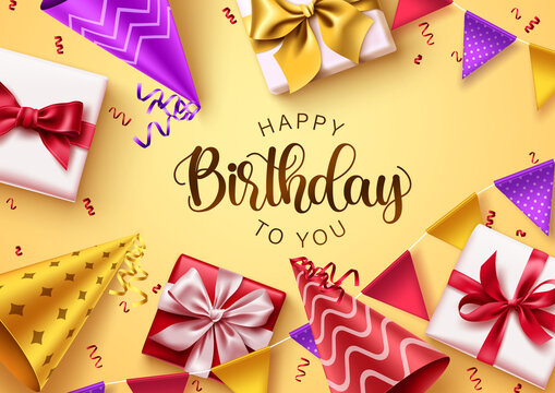 Happy birthday text vector background design. Birthday typography in yellow  background with colorful party elements and gifts for greeting card  decoration. Vector illustration Stock Vector | Adobe Stock