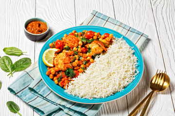Chicken and chickpea curry with rice, top view