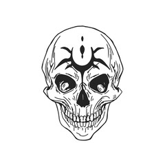 Scary human skull with jaws or part of skeleton with tattoo on elbow. Occult object for witchcraft, sorcery and wizardry. Hand-drawn vector illustration isolated on white background