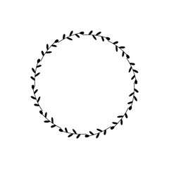 Round frame of black twigs with leaves. Design template for logo, invitation, greetings. Laconic stylish wreath. Minimalist border. A simple wreath of branches. Doodle drawing on white background