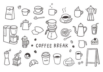コーヒーやコーヒーグッズにまつわる手描きイラストセット（モノクロ）