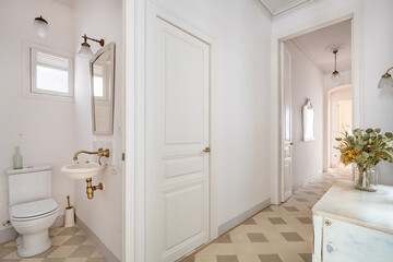 Fototapeta na wymiar Narrow vintage style toilet with small sink and mirror.
