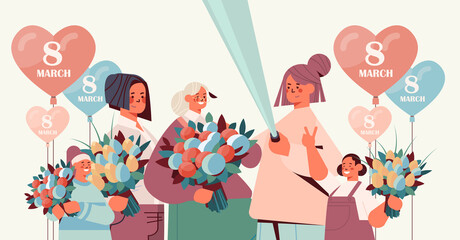 happy women with flowers and air balloons making selfie photo womens day 8 march holiday celebration concept horizontal portrait vector illustration