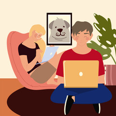 woman using laptop and man sitting on floor with computer, work at home