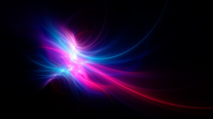 Abstract background, smooth blue red lines on a black background