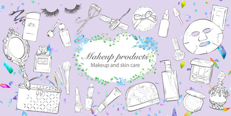 メイクアップアイテム、コスメの手書きの線画。セット。（ベクターデータ）