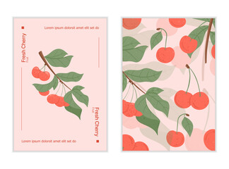 Ripe cherries card design. Sweet fresh cherry berry on branch with leaves vector hand drawn banner concept.