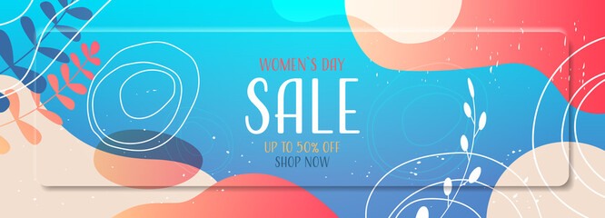 Fototapeta premium womens day 8 march holiday celebration vibrant sale banner flyer or greeting card with decorative leaves and hand drawn textures horizontal vector illustration