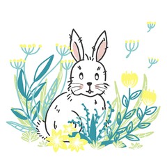 hand drawn bunny Easter in the nature on white background