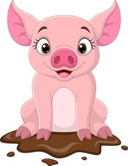Obraz na płótnie Canvas Cartoon funny pig sitting in the mud