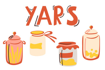 Set of hand drawn colorful jar for products isolated on a white background. Kitchen utensils and utensils. Hand drawn vector kitchen glass bottles and jars. Doodle style. Isolated on white.