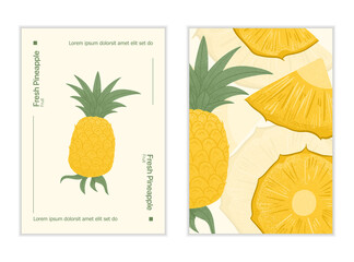 Ripe pineapple with leaves card template. Sweet pineapple pieces vector hand drawn poster design.