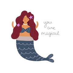 cartoon mermaid, hand drawing lettering. Flat style vector illustration for kids. baby design for greeting cards, print, decoration