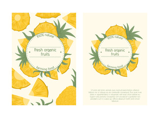 Ripe pineapple with leaves card template. Sweet pineapple pieces vector hand drawn poster design.