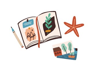 Album for collecting memories about traveling to sea. Diary with notes, photos and pictures for remembering summer holiday. Colored flat vector illustration isolated on white background