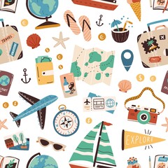 Seamless pattern with touristic stuff like passport, suitcase, globe, compass, plane and map. Endless texture about travel and tourism. Colored flat vector illustration isolated on white background