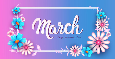 womens day 8 march holiday celebration banner flyer or greeting card with beautiful flowers horizontal vector illustration