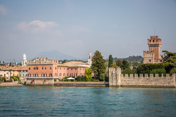 View of Sirmione from Lake Garda. Autumn sunny evening. Sirmione, Lombardy, Italy