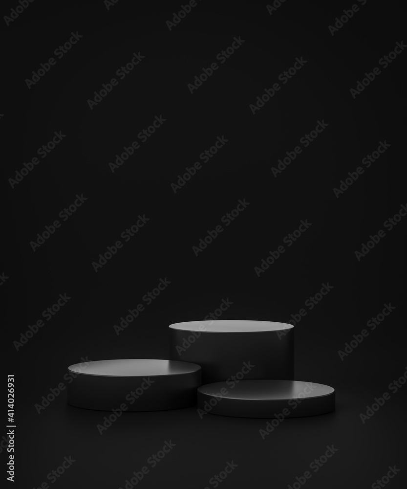Poster black product background stand or podium pedestal on advertising display with blank backdrops. 3d re