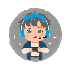 Cute gamer boy logo wearing headset holding a joystick to play online games. Flat vector cartoon kawaii style.