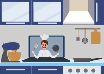Culinary video broadcast, channel or blog with cooking online class. Improve culinary skills, learning in the internet. Vector illustration.