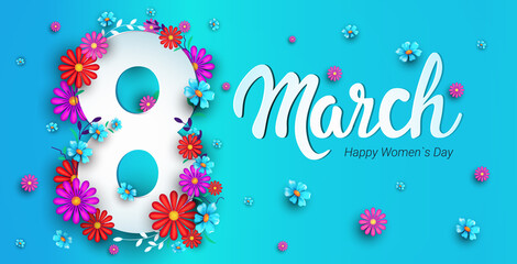 Fototapeta na wymiar womens day 8 march holiday celebration banner flyer or greeting card with flowers on number eight horizontal vector illustration