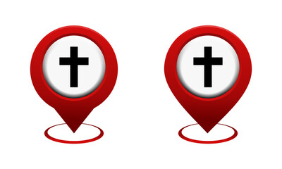 Fototapeta premium Set of map pointer with christian cross icon. Red map pin. Church location. Illustration vector