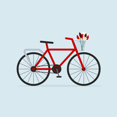 Red bike with basket. Bicycle with flower bouquet in front basket. Vector illustration. Flat style	