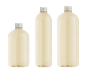 Assortment of three plastic tall, low and thick bottles with pale fresh drink or cosmetic essential oil, silver cap mockup, isolated, template.