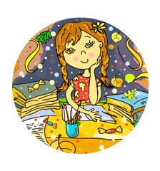Fototapeta premium The girl sits at the table dreams, writes poetry, thinks. Children's illustration, cartoon style. Schoolgirl doing homework. On the table are books, pencils. Autumn, summer day. Round pattern 