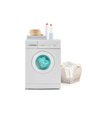 Washing machine isolated white background with detergent and towel. Clothes wicker box.