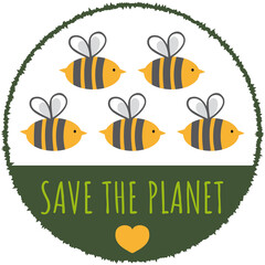 save the planet, save the bees, Bienenschwarm mit Spruch, Label, Symbol