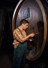 Viticulteur dans une cave avec des cuves en bois qui go&ucirc;te son vin en Alsace