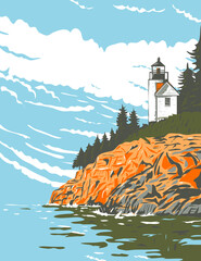 Mount Desert Island in Hancock County Off the Coast of Maine Part of Acadia National Park WPA Poster Art - obrazy, fototapety, plakaty